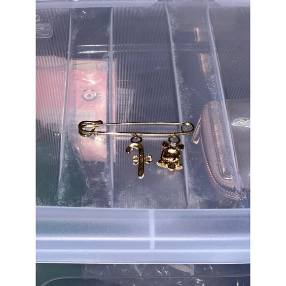 Gold Tone Brooch Safety Pin Christmas Holiday Dangle Charms Bell Candy Cane - Picture 8 of 8